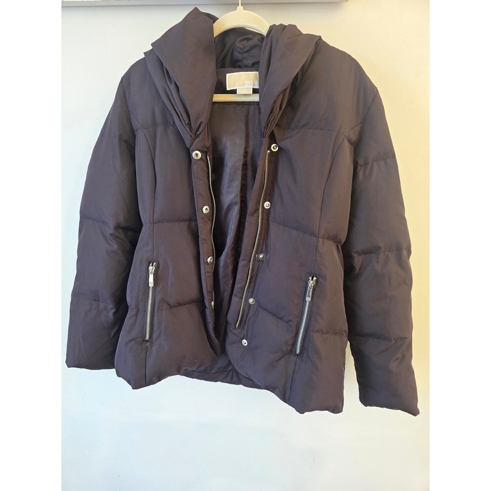 Michael Kors Womens Brown Down Puffer Jacket Oversized Hooded Collar Size M